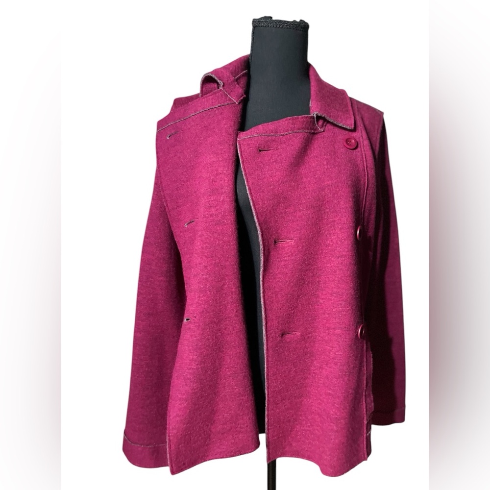 Eileen Fisher Blazer Jacket Merino Wool Small Soft Exposed Hem Double Breasted